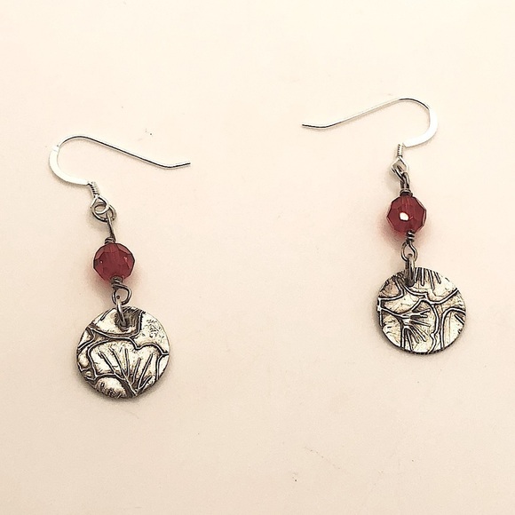 Sterling & 999 Flower Petal Coin Silver Red Crystal Dangle Hook Earrings 1.6” - Picture 1 of 5